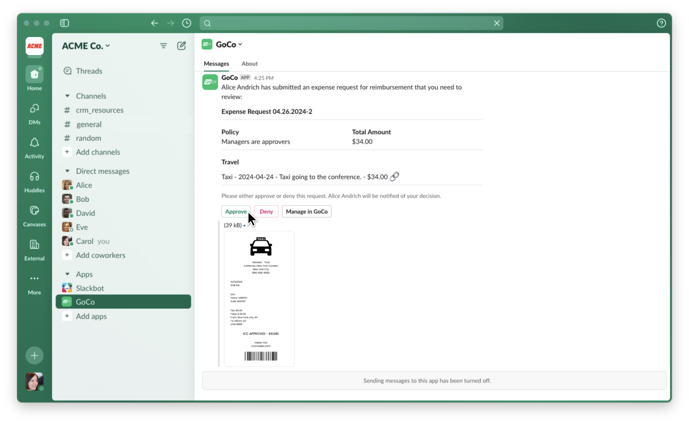 gocos expense request slack notification