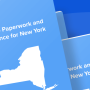 A blue booklet titled New Hire Paperwork and Compliance for New York, with a silhouette of the state of New York.