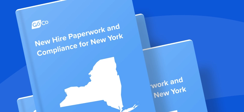 A blue booklet titled New Hire Paperwork and Compliance for New York, with a silhouette of the state of New York.